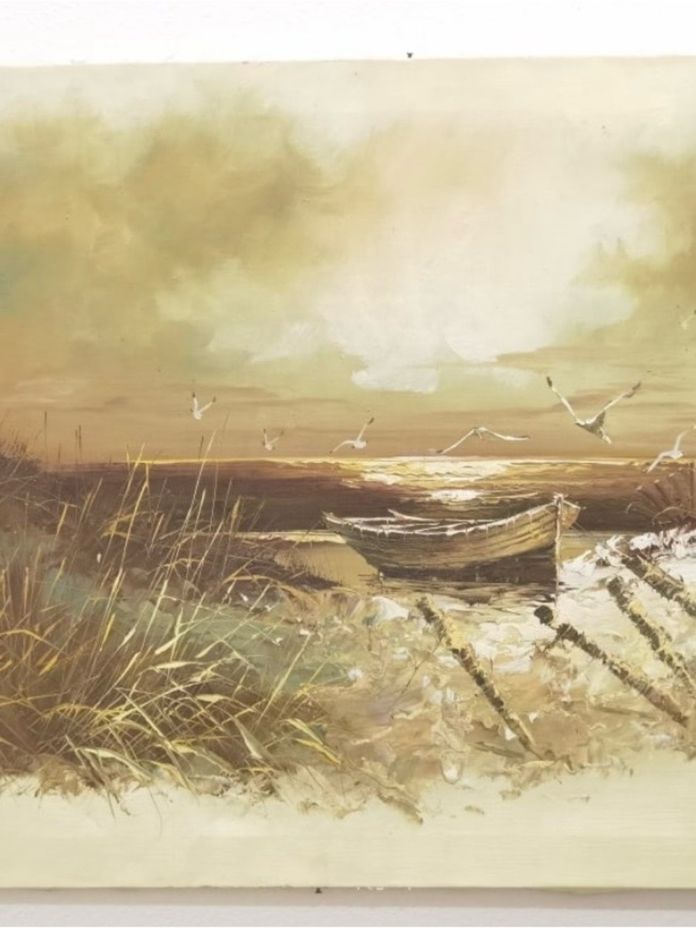 Tranquil Shoreline Boat Canvas Art - Beige and Brown